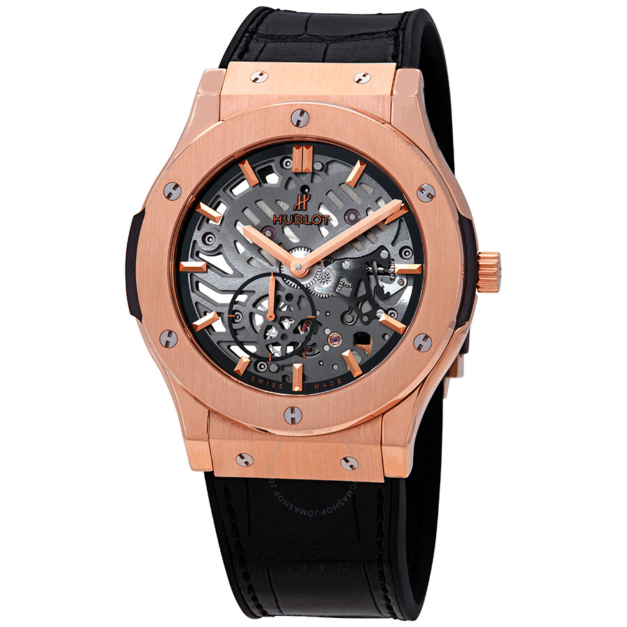 Replica Hublot Classic Fusion 18kt Rose Gold Hand Wind Skeleton Dial Black Leather Men's Watch 515.OX.0180.LR