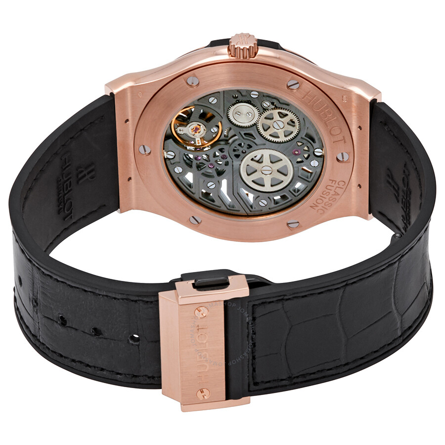 Replica Hublot Classic Fusion 18kt Rose Gold Hand Wind Skeleton Dial Black Leather Men's Watch 515.OX.0180.LR - Image 3