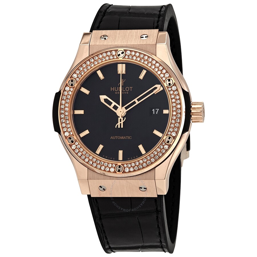 Replica Hublot Classic Fusion Automatic Black Dial Men's 18kt Rose Gold Diamond Watch 542.OX.1180.LR.1104
