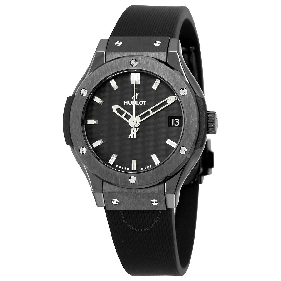 Replica Hublot Classic Fusion Black Carbon Fiber Dial Black Rubber Ladies Watch 581.CM.1770.RX