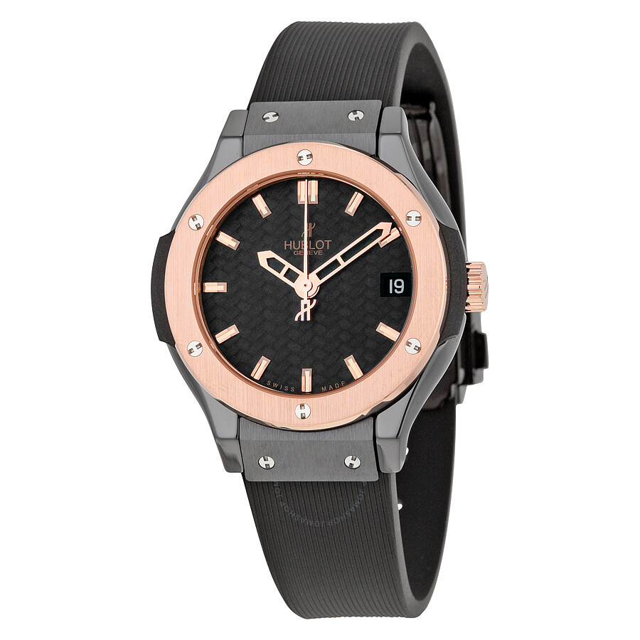 Replica Hublot Classic Fusion Black Carbon Fiber Dial Black Rubber Ladies Watch 581CO1780RX