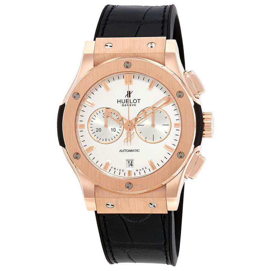 Replica Hublot Classic Fusion Silver Dial Black Leather Band 18 Carat Rose Gold Case Automatic Men's Watch 541.OX.2610.LR