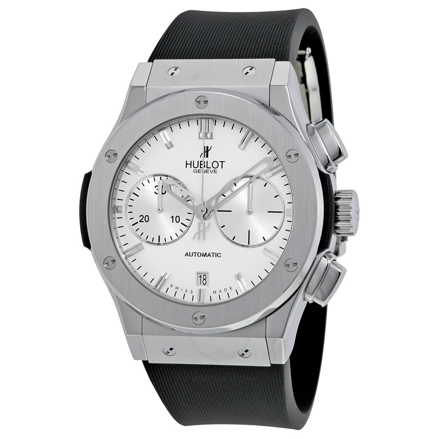 Replica Hublot Classic Fusion Silver Dial Chronograph Black Rubber Men's Watch 521.NX.2610.RX