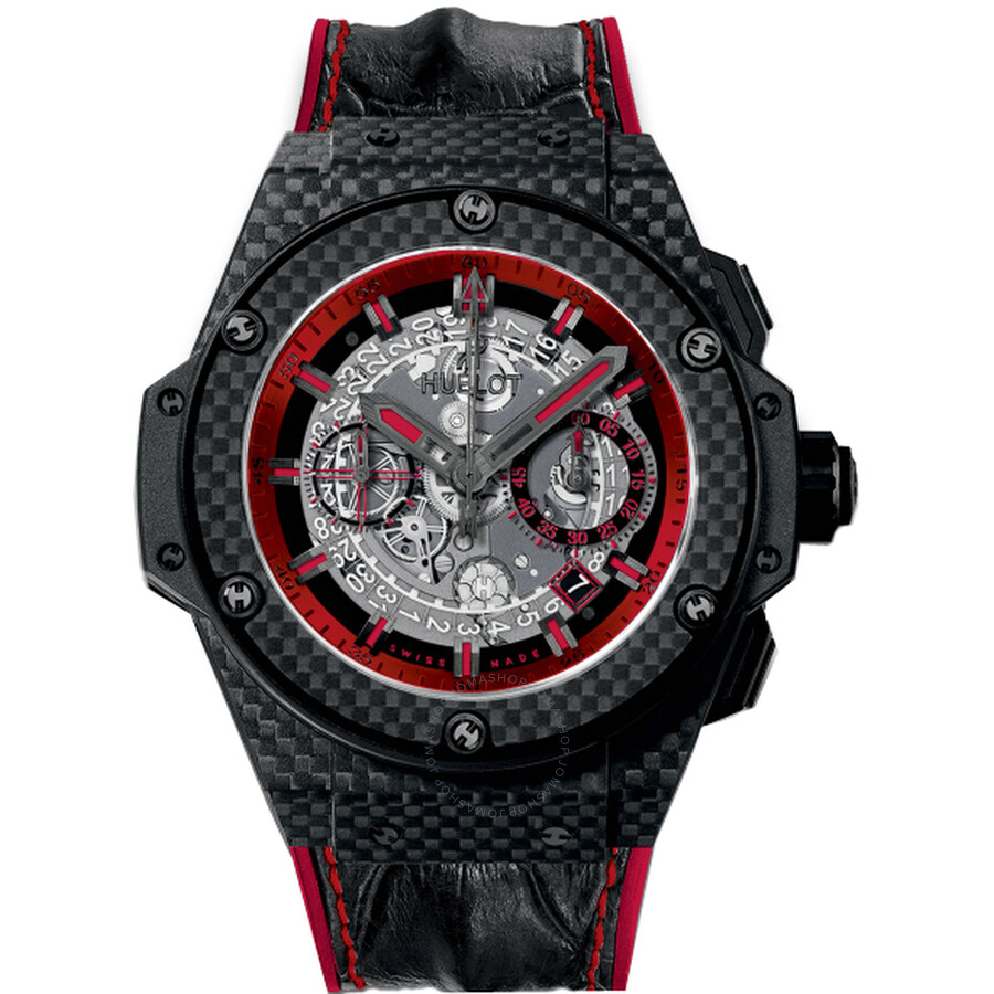 Replica Hublot King Power Skeleton Transparent Dial Black Leather with Red Stitching Band Carbon Fiber Case Automatic Men's Watch 701.QX.0113.HR